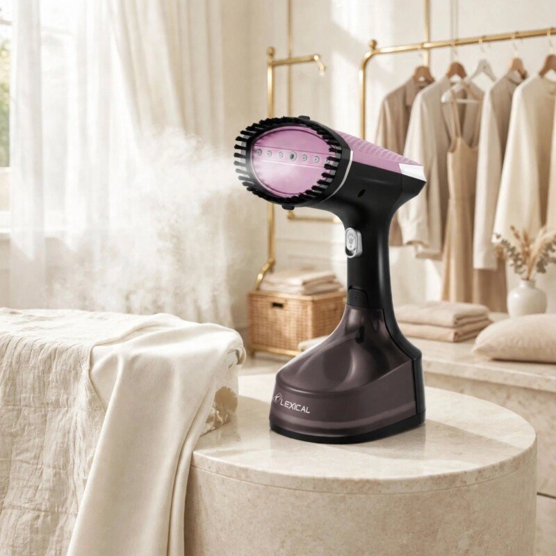 Défroisseur vapeur mauve Lexical LHH-0930 1600 W posé sur une table en marbre, vapeur en action - 99 DT