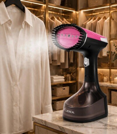 Défroisseur vapeur rose Lexical LHH-0930 1600 W défroissant une chemise sur cintre - 99 DT