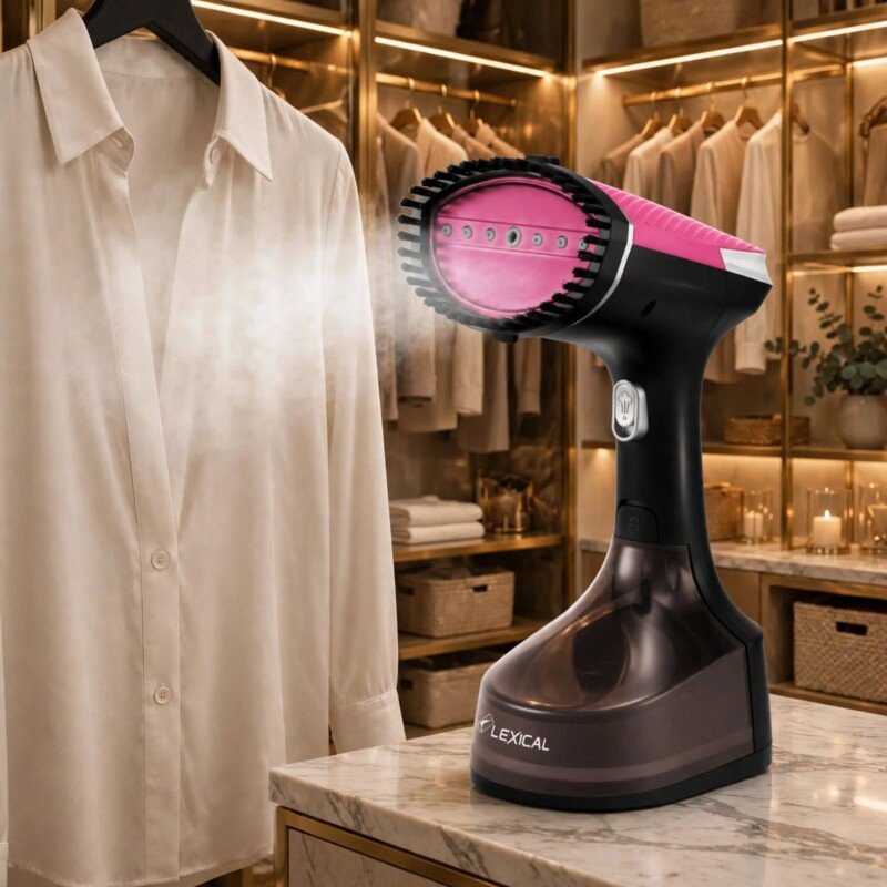 Défroisseur vapeur rose Lexical LHH-0930 1600 W défroissant une chemise sur cintre - 99 DT