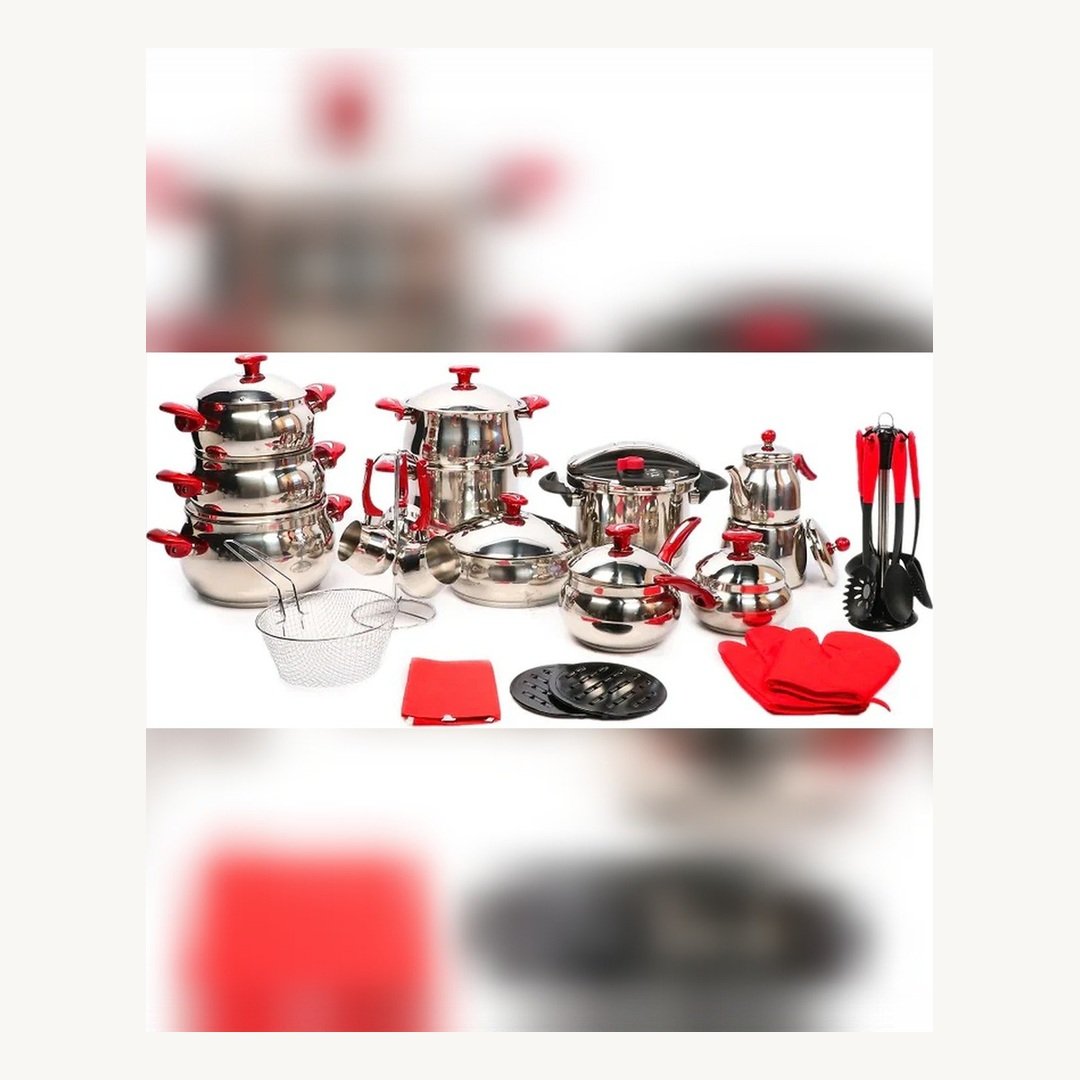 gHIgRVrnwNlqRjlO.jpg Batterie De Cuisine 38 Pièces Inox MARQUE Lines ROUGE – Image 1