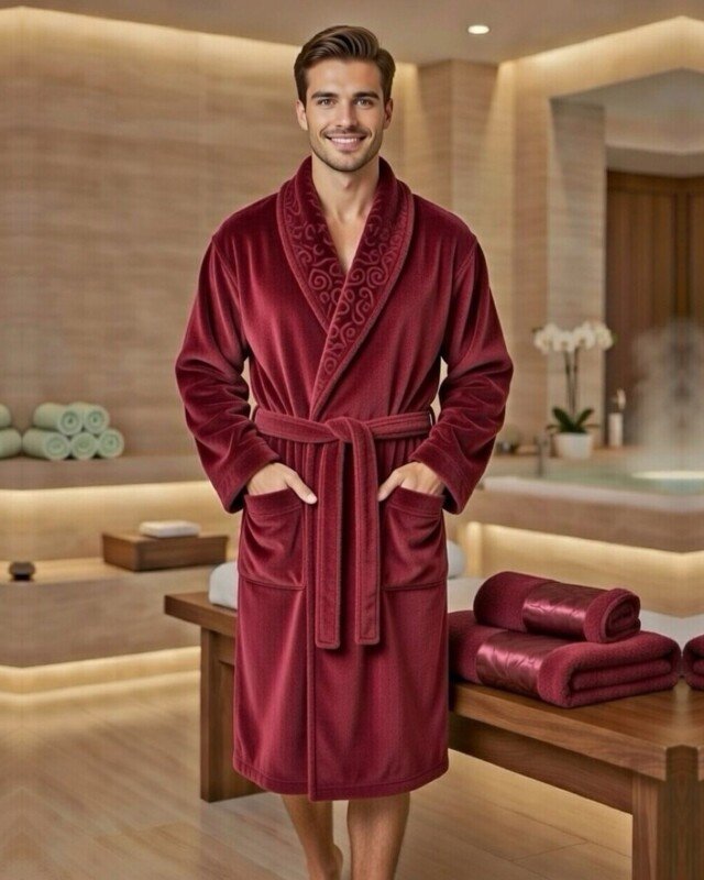 Cape de bain avec deux serviettes marque ABM bamboo 100% coton haute qualité - bordeaux, homme