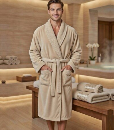 Cape de bain avec deux serviettes marque ABM bamboo 100% coton haute qualité - beige, homme
