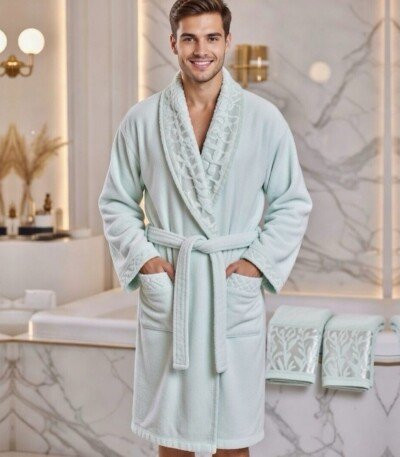 Cape de bain avec deux serviettes marque ABM bamboo 100% coton haute qualité - vert d'eau, homme