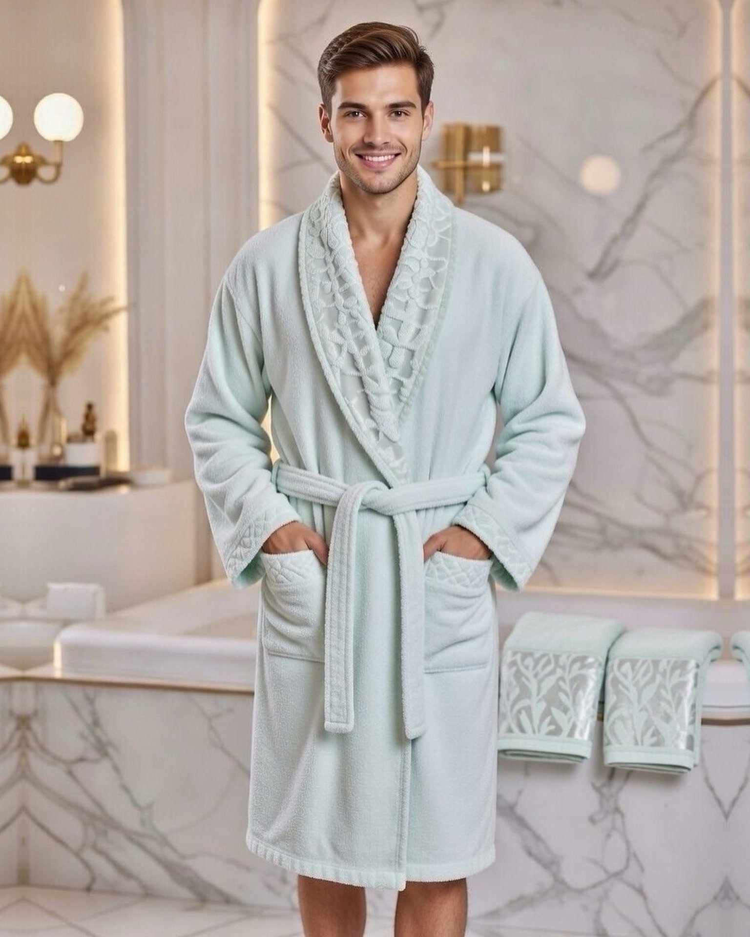 cape de bain bambou vert d'eau, homme - Cape de bain avec deux serviettes marque ABM bamboo 100% coton haute