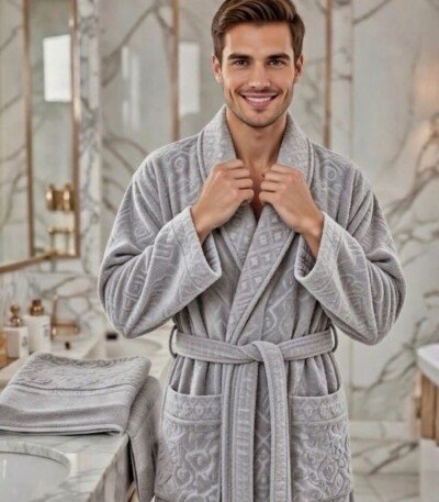Cape de bain avec deux serviettes, marque ABM JACQUARD, confectionnée en 100% coton de haute qualité - gris, homme