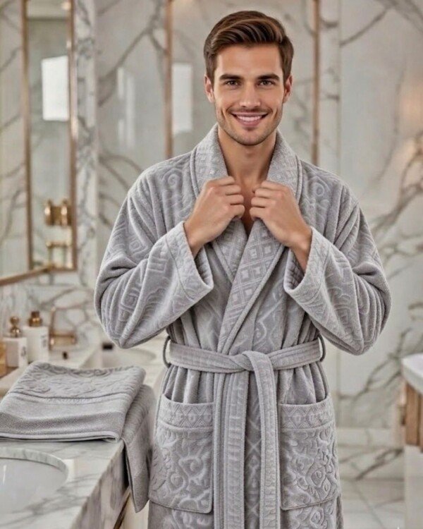 Cape de bain avec deux serviettes, marque ABM JACQUARD, confectionnée en 100% coton de haute qualité - gris, homme