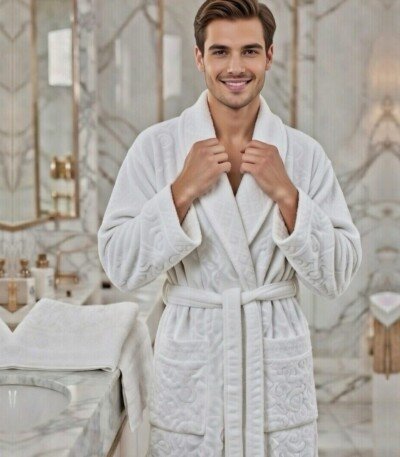 Cape de bain avec deux serviettes marque ABM JACQUARD 100% coton haute qualité - blanc, homme