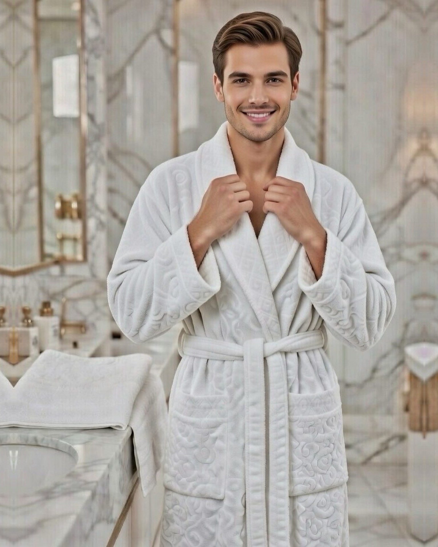Cape bain blanc - Cape de bain avec deux serviettes marque ABM JACQUARD 100% coton