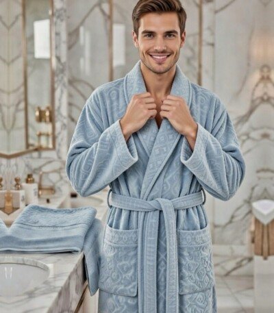 Cape de bain avec deux serviettes marque ABM JACQUARD 100% coton haute qualité - bleu clair, homme