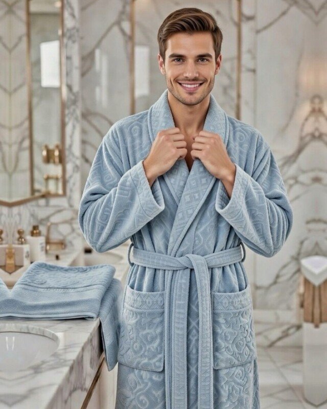 Cape de bain avec deux serviettes marque ABM JACQUARD 100% coton haute qualité - bleu clair, homme