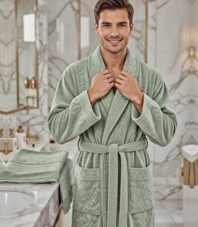 Cape de bain avec deux serviettes marque ABM JACQUARD 100% coton haute qualité - vert sauge, homme