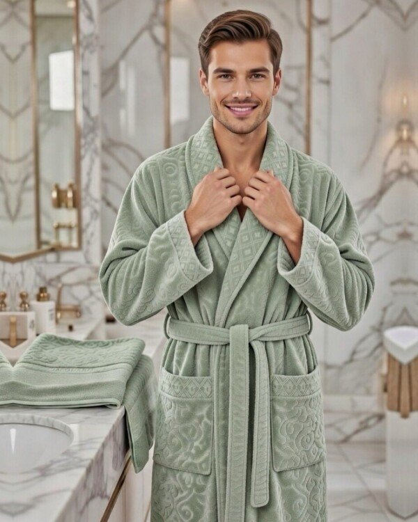 Cape de bain avec deux serviettes marque ABM JACQUARD 100% coton haute qualité - vert sauge, homme
