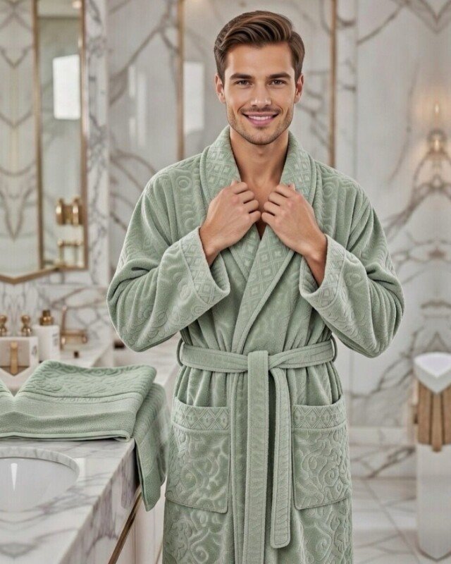Cape de bain avec deux serviettes marque ABM JACQUARD 100% coton haute qualité - vert sauge, homme