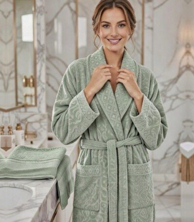 Cape de bain avec deux serviettes marque ABM JACQUARD 100% coton haute qualité - vert sauge, femme