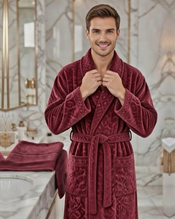 Cape de bain avec deux serviettes marque ABM JACQUARD 100% coton haute qualité - bordeaux, homme