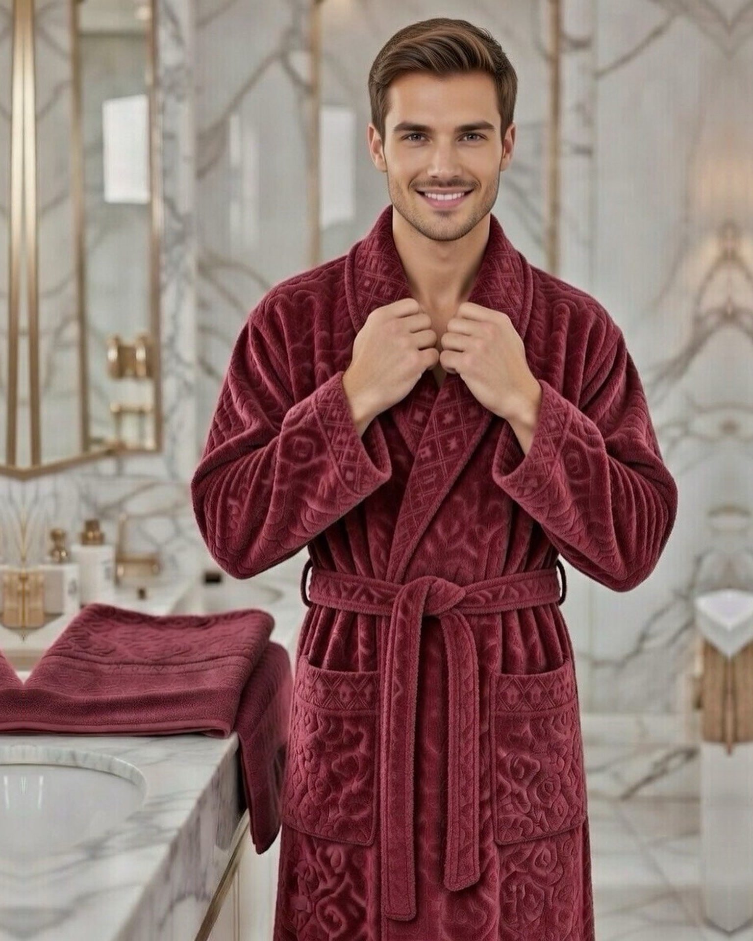 Cape bain bordeaux - Cape de bain avec deux serviettes marque ABM JACQUARD 100% coton