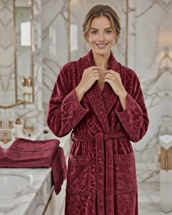 Cape de bain avec deux serviettes marque ABM JACQUARD 100% coton haute qualité - bordeaux, femme