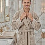 Cape de bain avec deux serviettes marque ABM JACQUARD 100% coton haute qualité - taupe, homme
