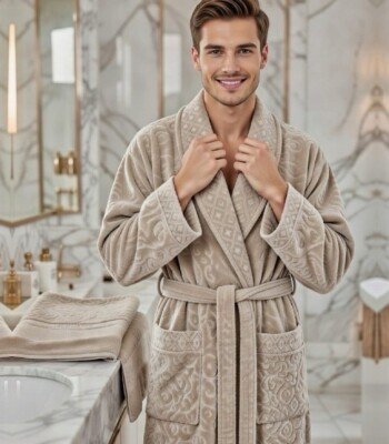 Cape de bain avec deux serviettes marque ABM JACQUARD 100% coton haute qualité - taupe, homme