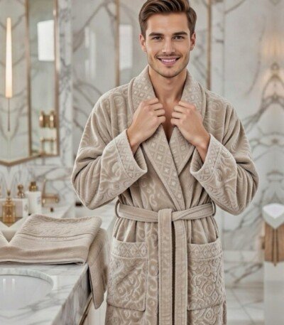 Cape de bain avec deux serviettes marque ABM JACQUARD 100% coton haute qualité - taupe, homme