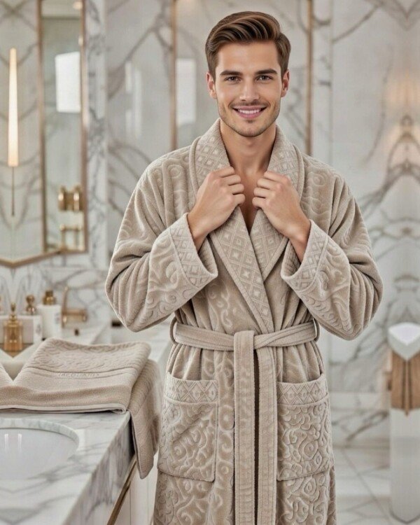 Cape de bain avec deux serviettes marque ABM JACQUARD 100% coton haute qualité - taupe, homme