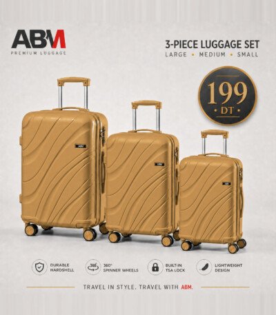 Série de 3 valises vagues incassables marque ABM 4 roues 360° – beige
