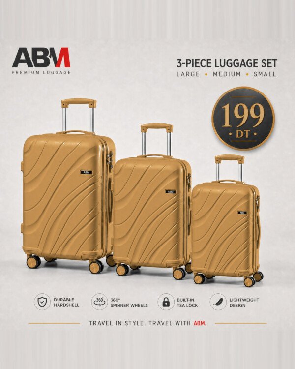 Série de 3 valises vagues incassables marque ABM 4 roues 360° – beige