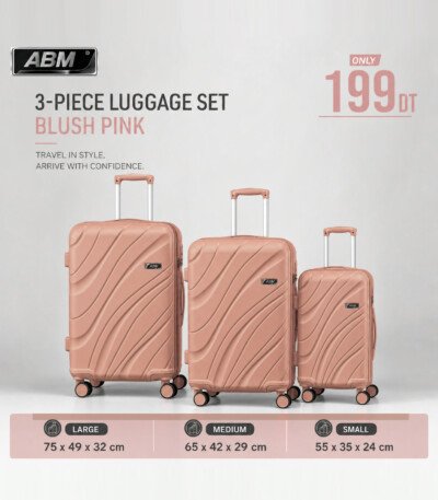Série de 3 valises vagues incassables marque ABM 4 roues 360° – rose poudré
