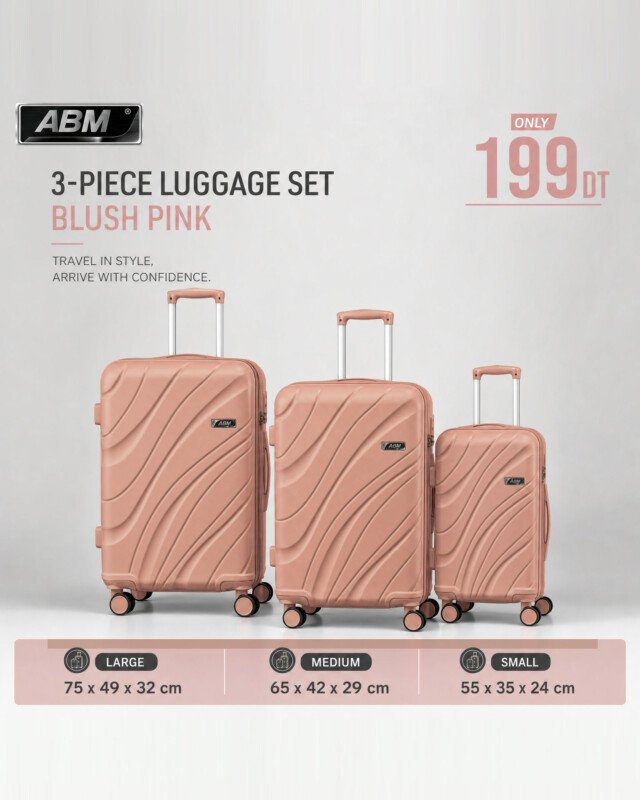 Série de 3 valises vagues incassables marque ABM 4 roues 360° – rose poudré