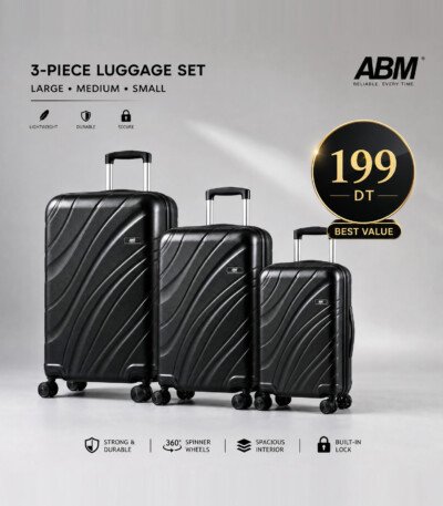 Série de 3 valises vagues incassables marque ABM 4 roues 360° – noir