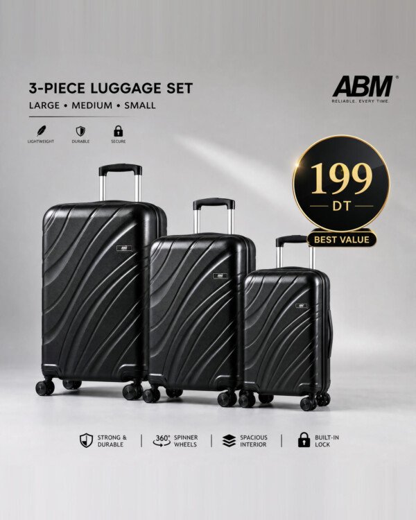 Série de 3 valises vagues incassables marque ABM 4 roues 360° – noir