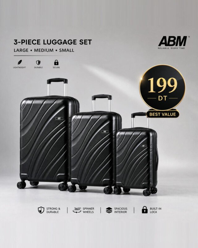 Série de 3 valises vagues incassables marque ABM 4 roues 360° – noir