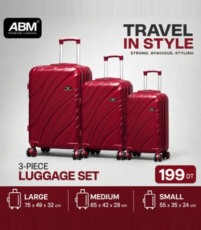 Série de 3 valises vagues incassables marque ABM 4 roues 360° – rouge
