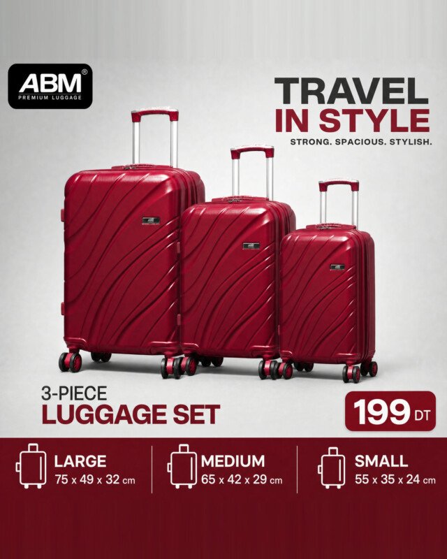 Série de 3 valises vagues incassables marque ABM 4 roues 360° – rouge