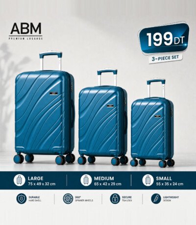 Série de 3 valises vagues incassables marque ABM 4 roues 360° – bleu canard