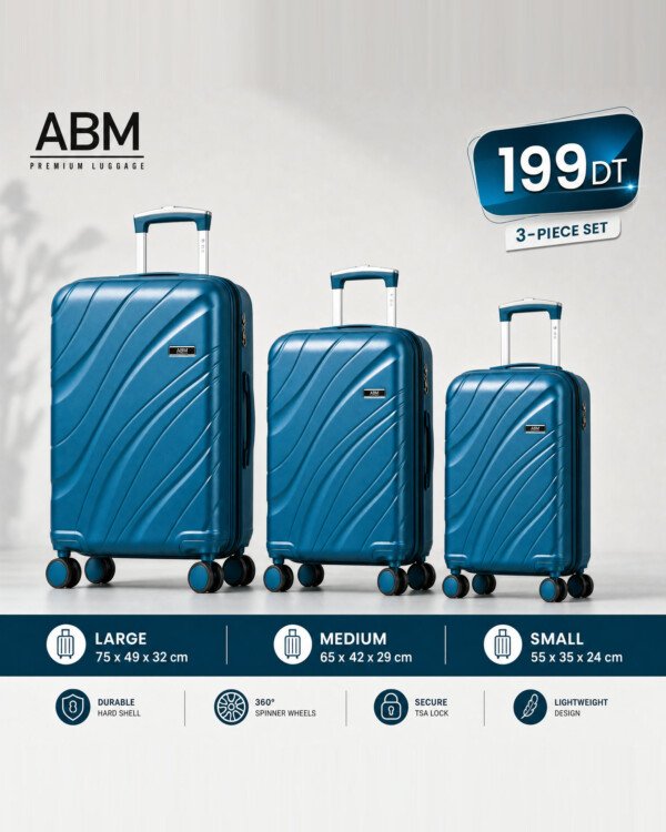 Série de 3 valises vagues incassables marque ABM 4 roues 360° – bleu canard