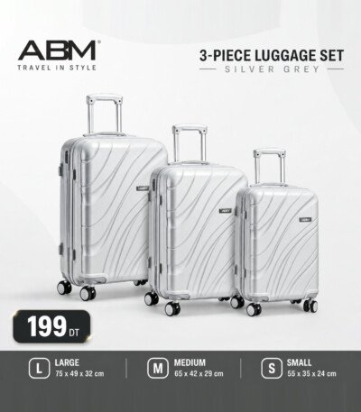 Série de 3 valises vagues incassables marque ABM 4 roues 360° – gris argent