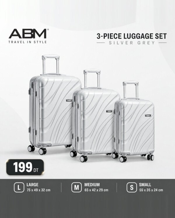 Série de 3 valises vagues incassables marque ABM 4 roues 360° – gris argent