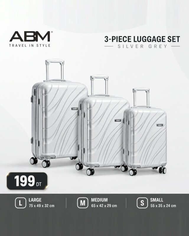 Série de 3 valises vagues incassables marque ABM 4 roues 360° – gris argent