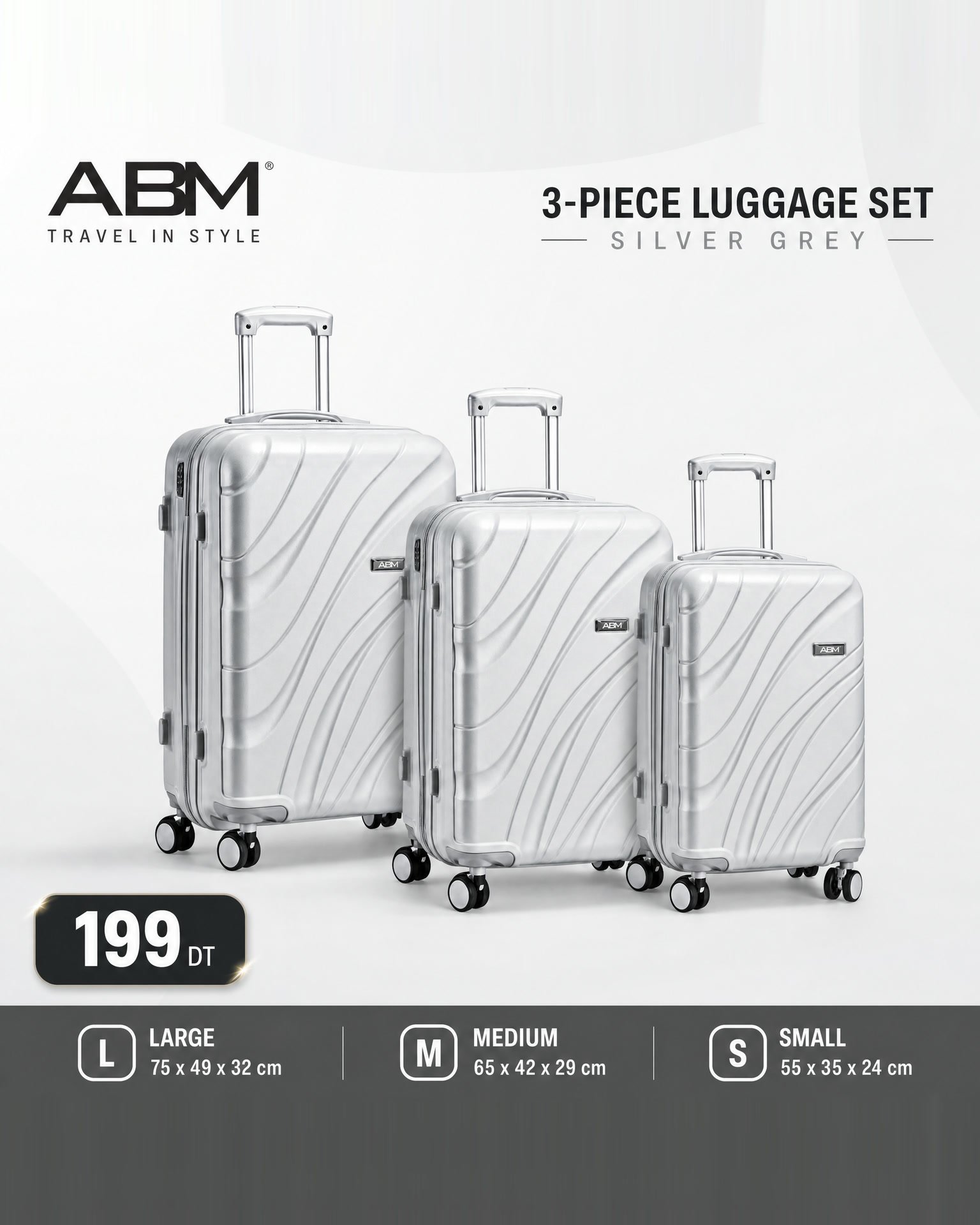 Série valises vagues incassables - Série de 3 valises vagues incassables marque ABM 4 roues 360° – gris