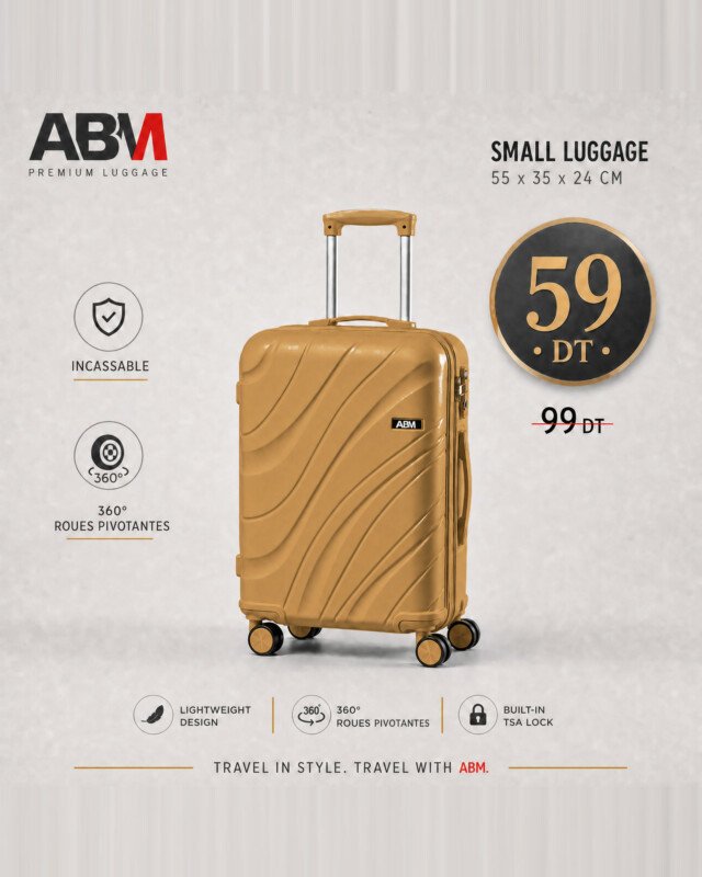valise petit model vagues ( 55x35x24cm) incassable marque ABM 4 roues 360° – beige