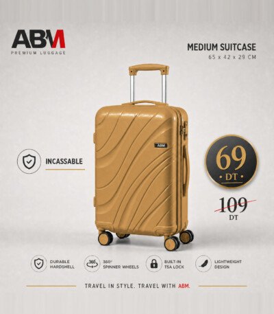valise moyen model vagues ( 65×42×29cm) incassable marque ABM 4 roues 360° – beige