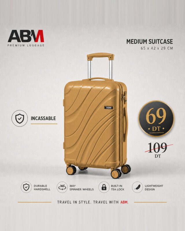 valise moyen model vagues ( 65×42×29cm) incassable marque ABM 4 roues 360° – beige