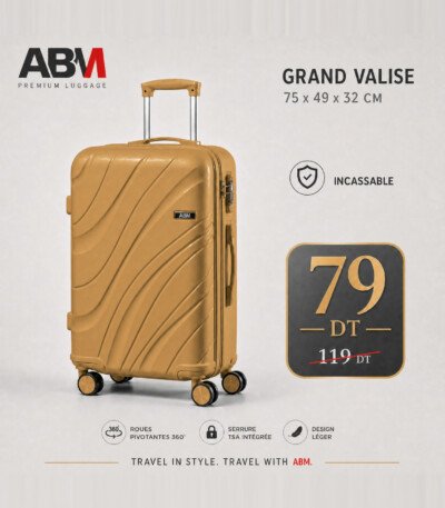 valise grand model vagues ( 75×49×32cm) incassable marque ABM 4 roues 360° – beige