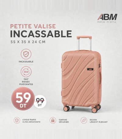 valise petit model vagues ( 55x35x24cm) incassable marque ABM 4 roues 360° – rose poudré
