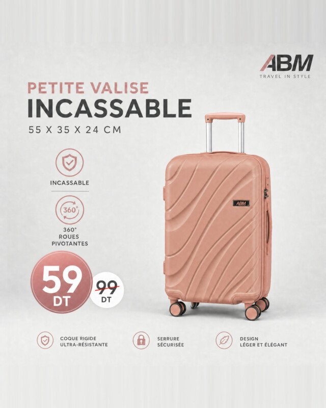 valise petit model vagues ( 55x35x24cm) incassable marque ABM 4 roues 360° – rose poudré