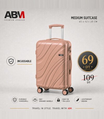 valise moyen model vagues ( 65×42×29cm) incassable marque ABM 4 roues 360° – rose poudré