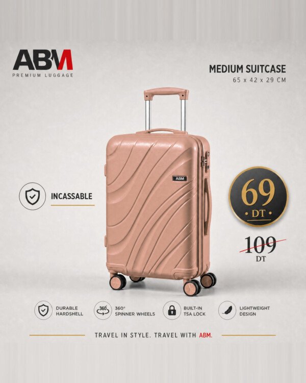 valise moyen model vagues ( 65×42×29cm) incassable marque ABM 4 roues 360° – rose poudré