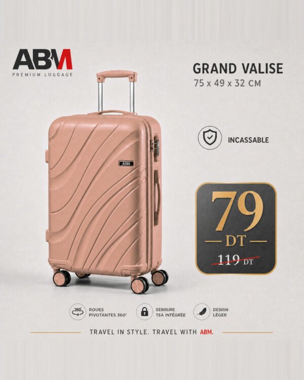 valise grand model vagues ( 75×49×32cm) incassable marque ABM 4 roues 360° – rose poudré