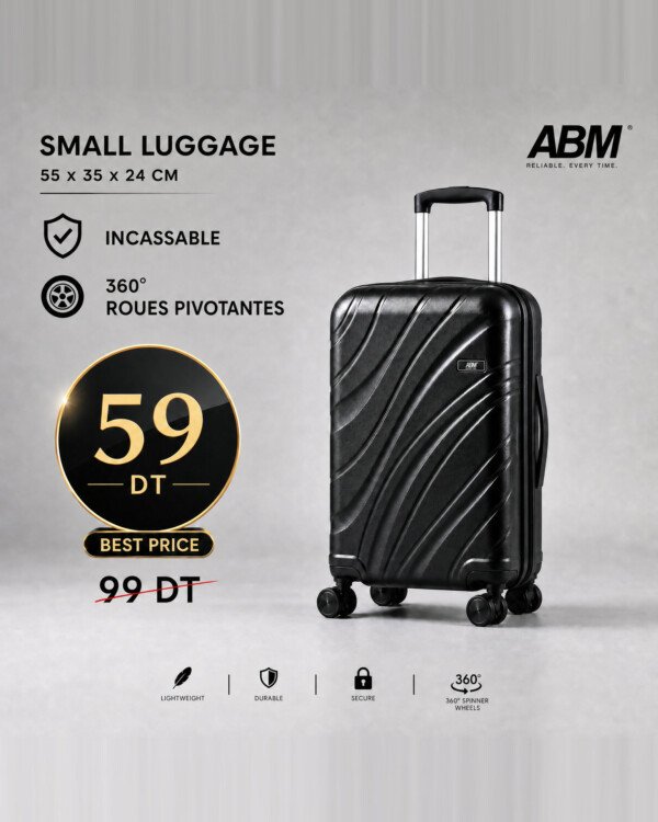 valise petit model vagues ( 55x35x24cm) incassable marque ABM 4 roues 360° – noir